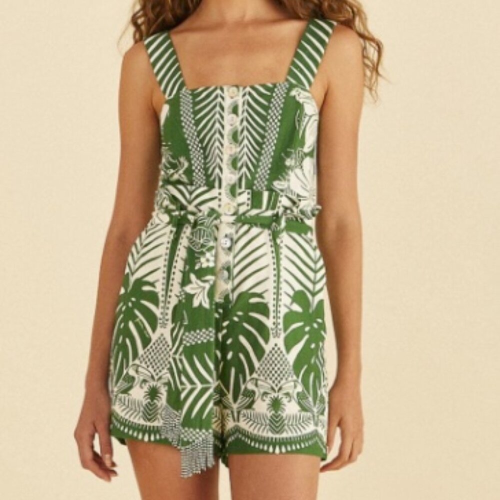 Farm Rio Green and White Tropical Jumpsuit Romper Size Large NWT